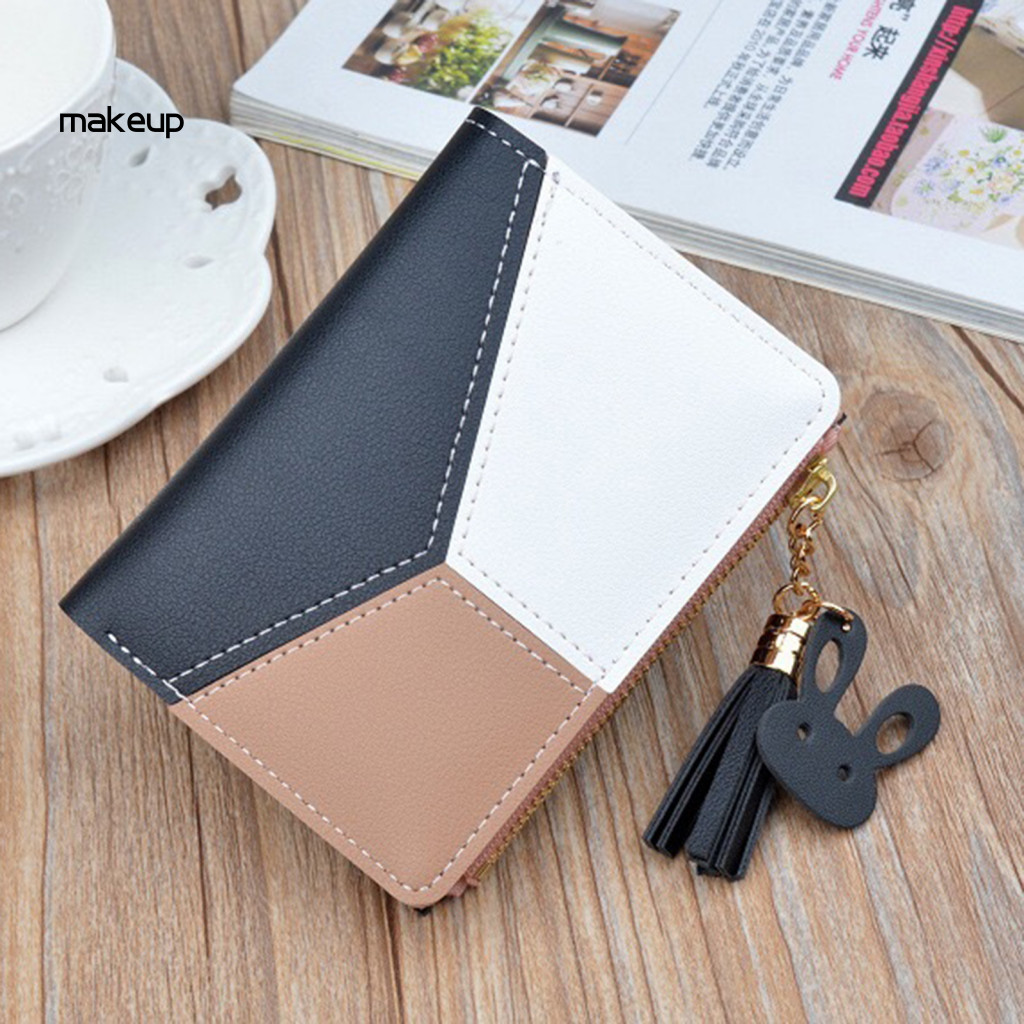 Color Block Women Wallet Slim Bifold Card Holder with Id Window Zipper Coin Pocket – Mini Travel Use Purse for Work St