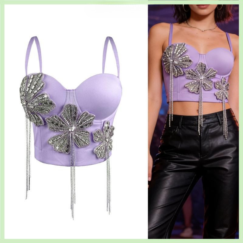 R Espartilho Feminino Bustier Crop Strass Florais Design Poliéster Para Festas Roupa Diária