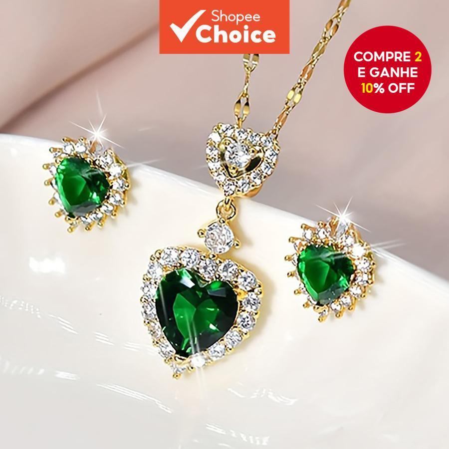 Conjunto De Colar E Brincos De Cristal Verde-1 1 Par De Joias Elegantes Com Pedras Preciosas Para Mulheres , Acessório D em Oferta na Shopee