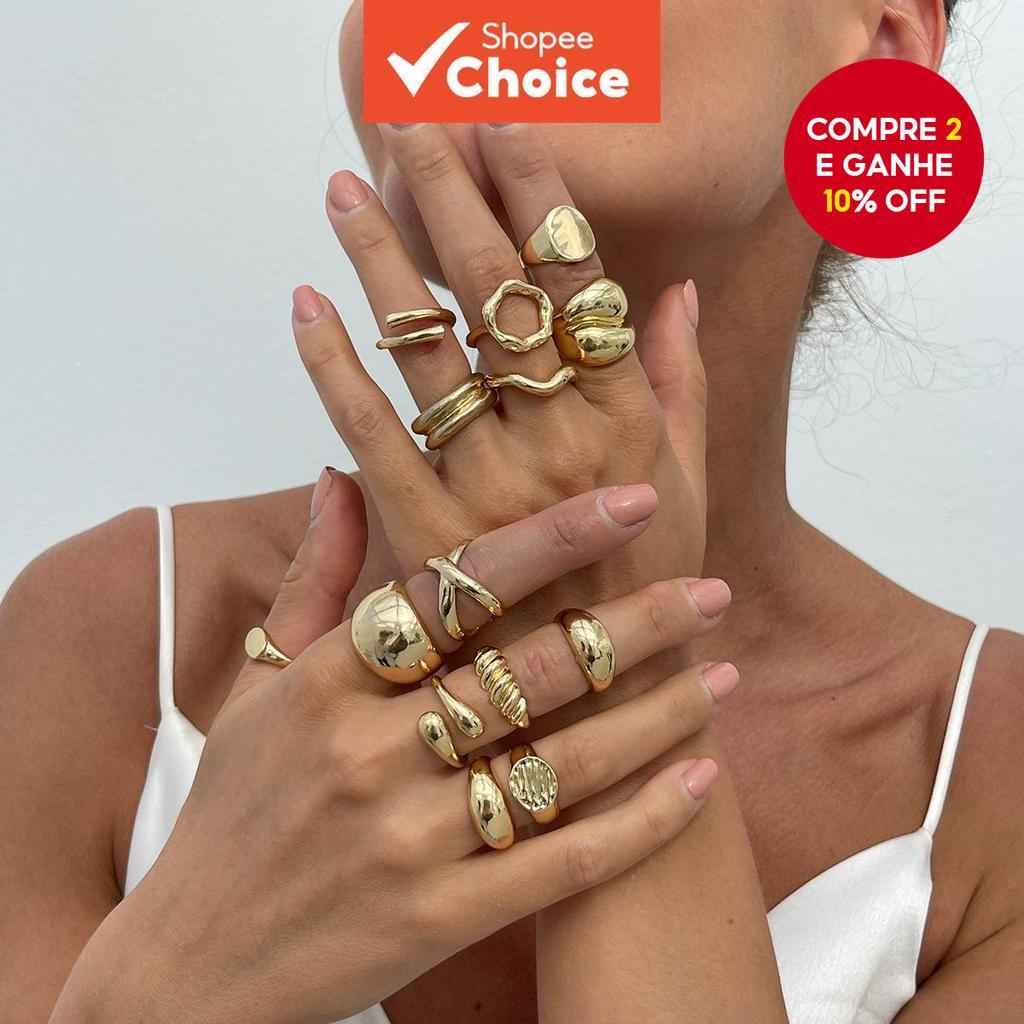 Anéis Grossos Empilháveis 14 Peças Para Mulheres Conjunto De Joias Irregulares E Suaves Da Moda Presente 2025