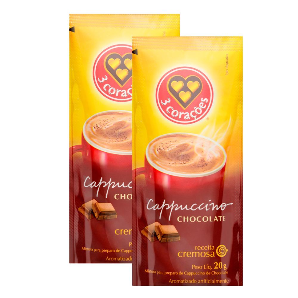 Kit 2 Cappuccino 3 Corações Sabor Chocolate Sachê 20g