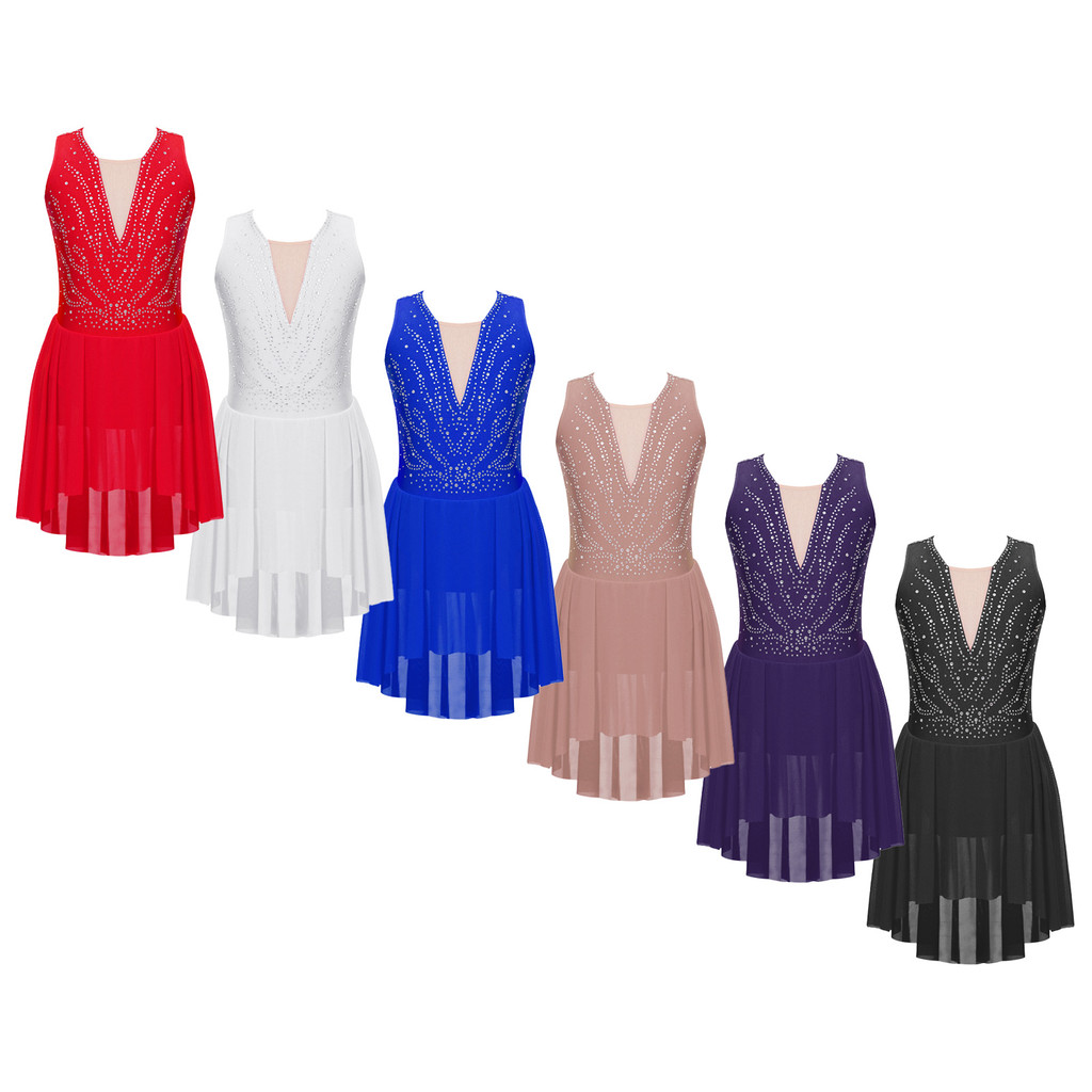 Yeahdor Crianças Meninas Strass Patinação Artística Vestido De Desempenho Com Tiras Nas Costas Assimétricas Bainha Sem M