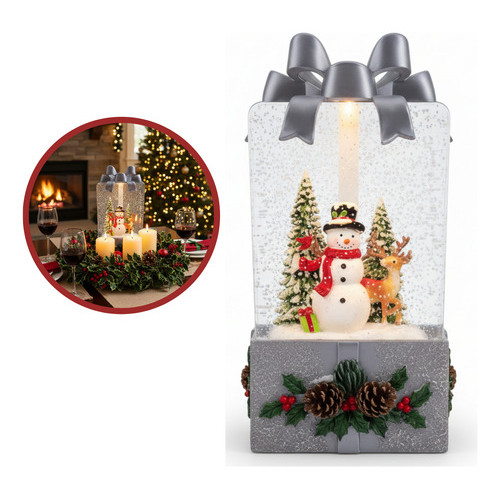 Luminária Caixa Presente Neve Papai Noel Musical Led Natal Boneco De Neve Prateado