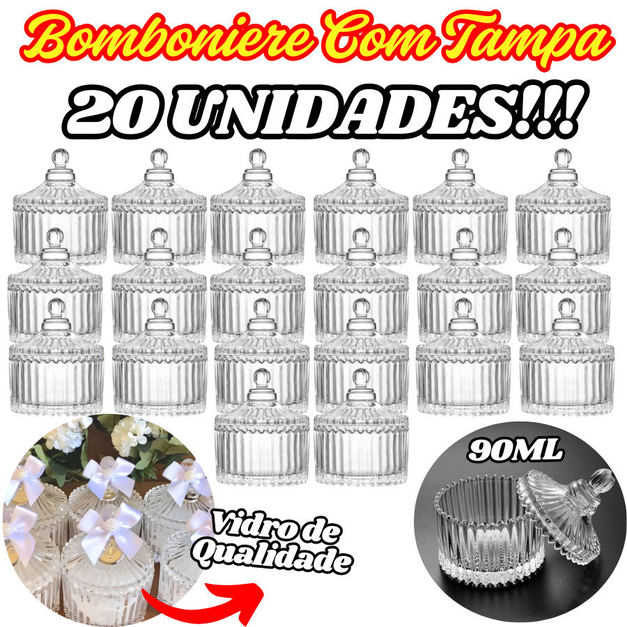 KIT 20 Unidades Bomboniere Com Tampa De Vidro 90ML 9x6x4Cm Multiuso Para Doces Decorativo