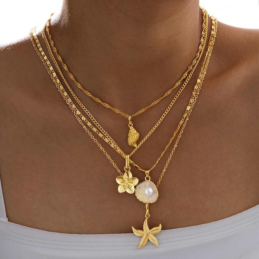 4 Pçs/Set Concha Brilhante Estrela Do Mar Flor Colares Para Mulheres Simples Imitação Pérola Cor De Ouro Pingente Colar 