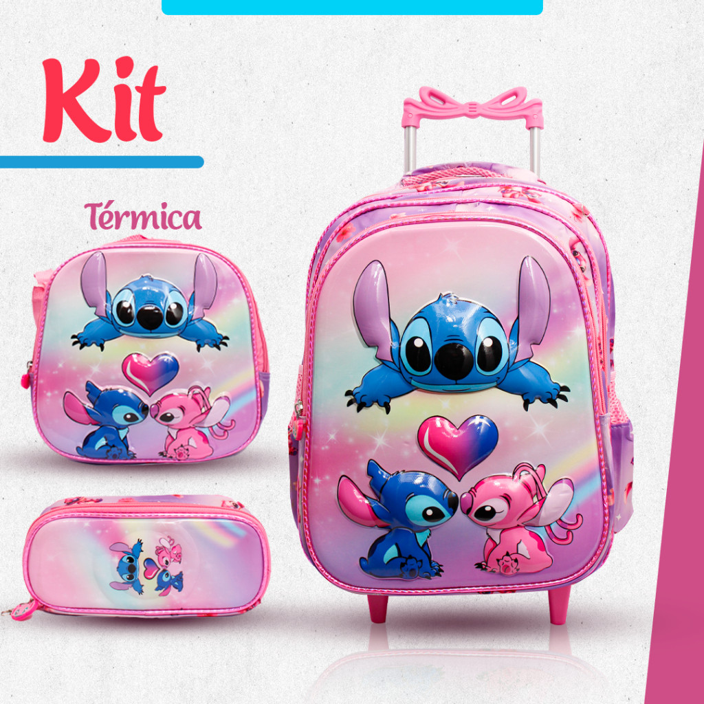 kit mochila escolar stitch 3D  com rodinhas lancheira térmica e estojo