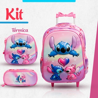 kit mochila escolar stitch 3D  com rodinhas lancheira térmica e estojo em Oferta na Shopee