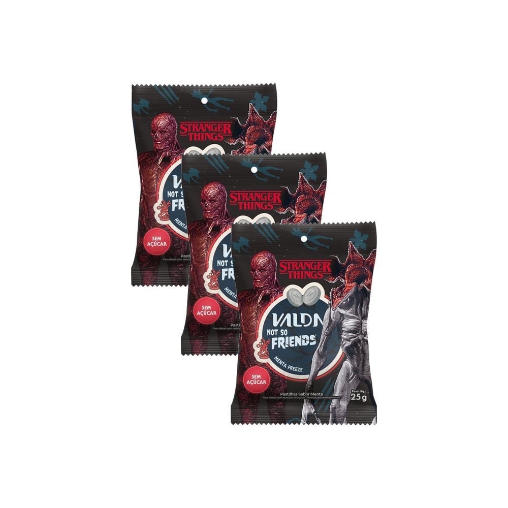 Kit 3 Pastilhas Valda Stranger Things Friends Not So Sabor Menta Freeze Sem Açúcar 25g
