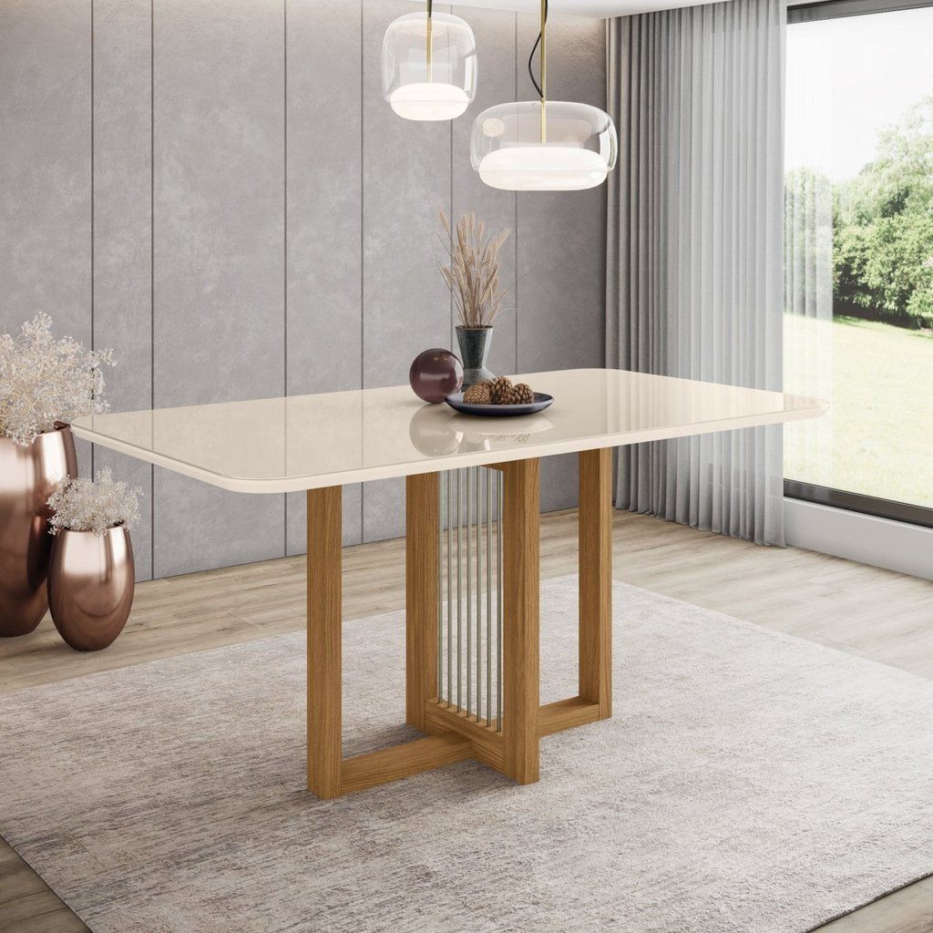 Mesa de Jantar 6 Lugares 160cm Tampo MDF e Vidro Canto Arredondado Natalí Bege/Nature/Off White 160