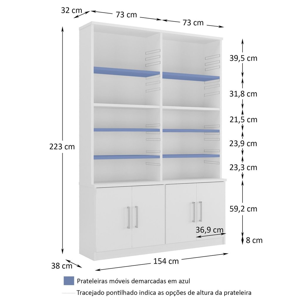 Estante de Livros Moderno MDF 154CMX223CM 4 Portas Branco Branco