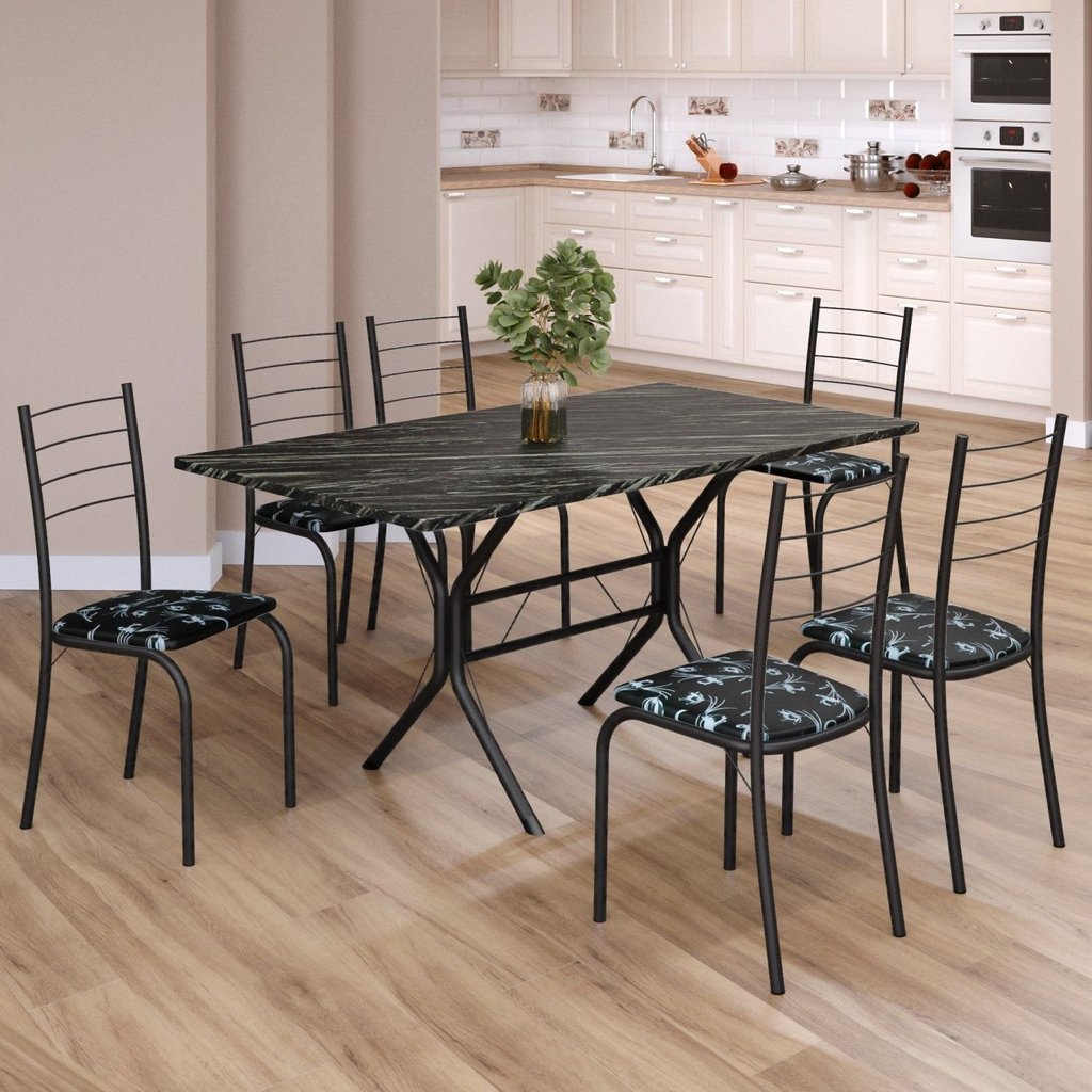 Conjunto Sala de Jantar Mesa Retangular 140x75cm Tampo Madeira MDP Indiana 6 Cadeiras Rio Preto/Floral/Fosco Preto
