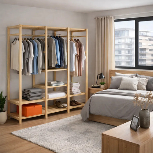 Cabideiro 3 Compartimentos Grandes Arara Tripla Pinus Organizador De Roupas Palha