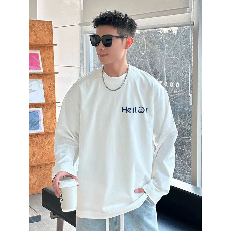 Americano pesado branco de manga comprida camiseta masculina primavera outono inverno básico puro algodão camisa de fund