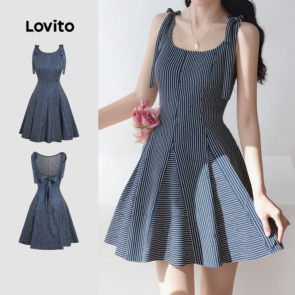Lovito Vestido Azulescuro Geométrico Casual de Amarrar Na Frente para Mulheres p