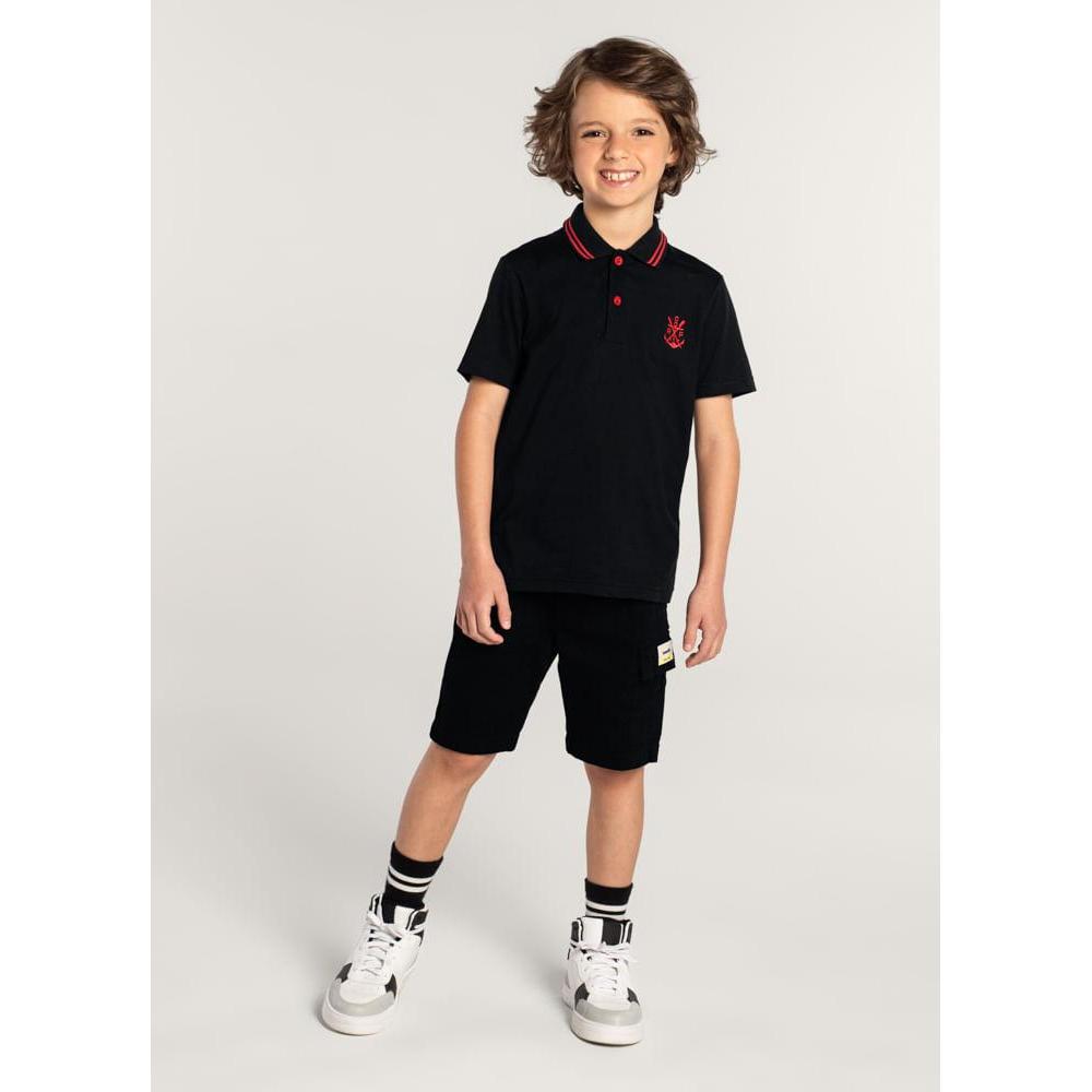 Camiseta Polo Unissex Flamengo Infantil Brandili Preto