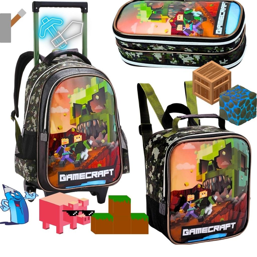 KIT MOCHILA RODINHAS  MENINO GAMECRAFT COM LANCHEIRA E ESTOJO TIPO MINECRAFT GRANDE DENLEX DL1808