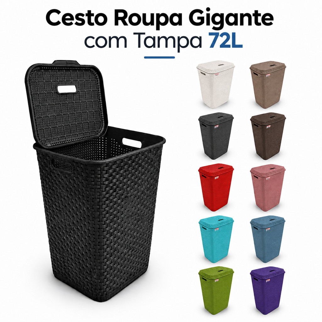 Cesto Roupa Suja 72L Gigante com Tampa Plástico Reforçado Lavanderia Banheiro Organizador Resistente
