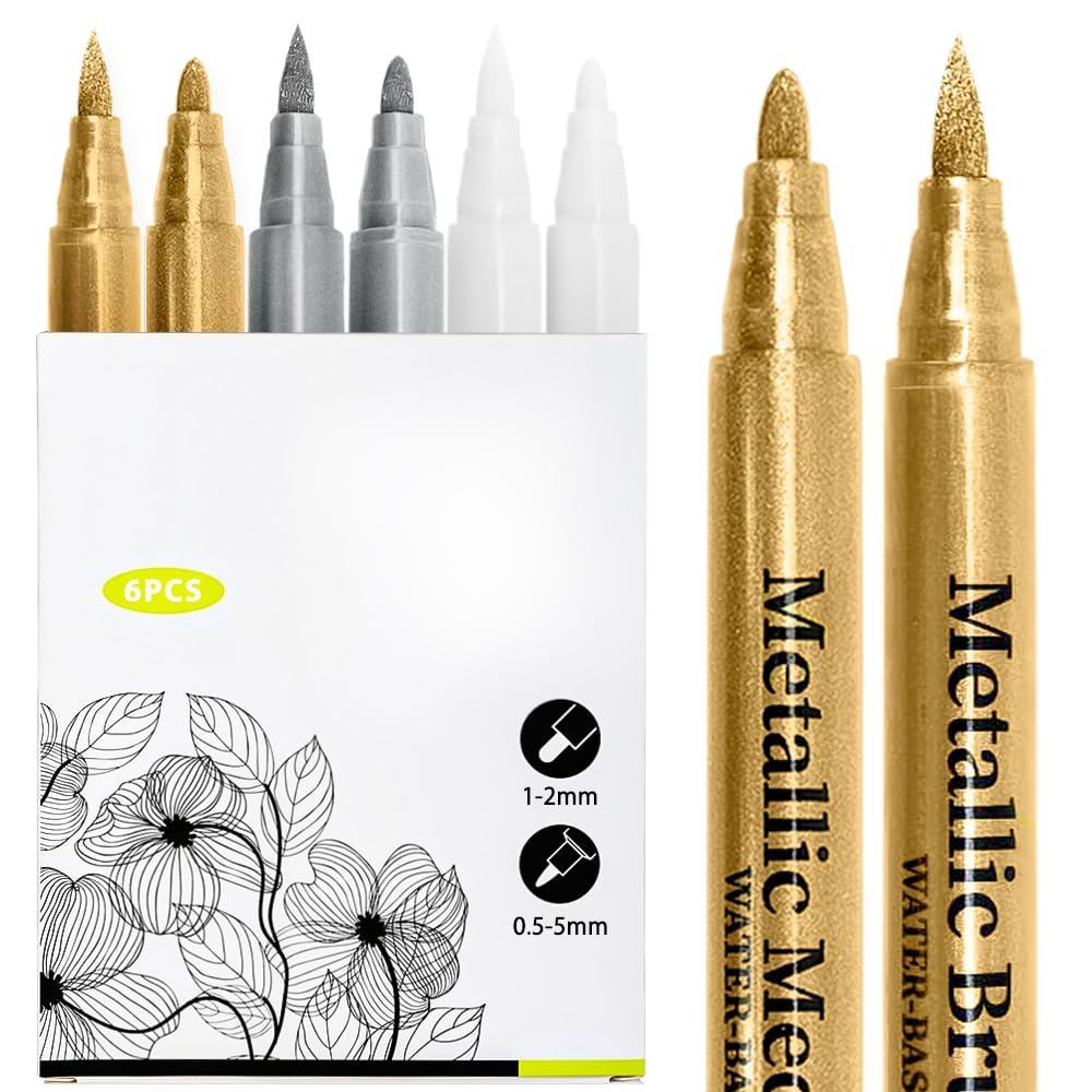 Gold Marker Pen with 2 Nibs - Waterproof, Quick-Dry, 0.5~5mm Line Width - Acrylic White Pen for Name, Tire, Art - Suitab