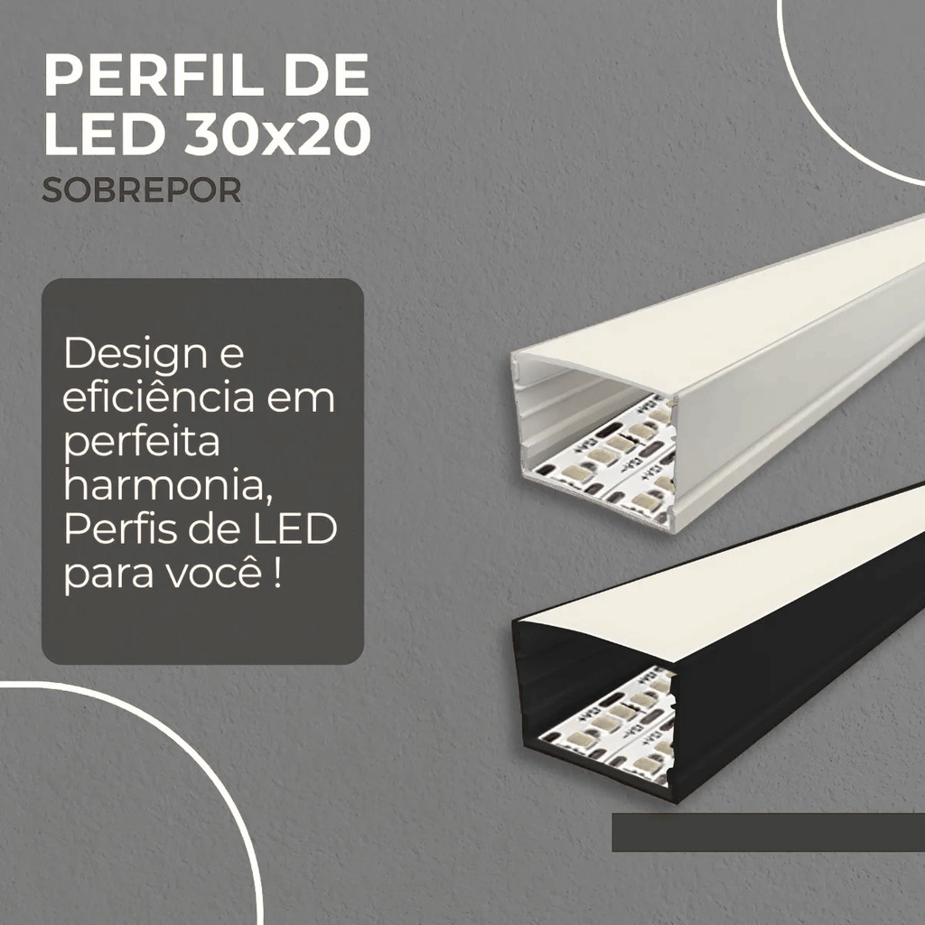 Kit 10 Metros Perfil de Alumínio Sobrepor Barra 3020 para Fita LED Luminária de Teto Sanca Gesso