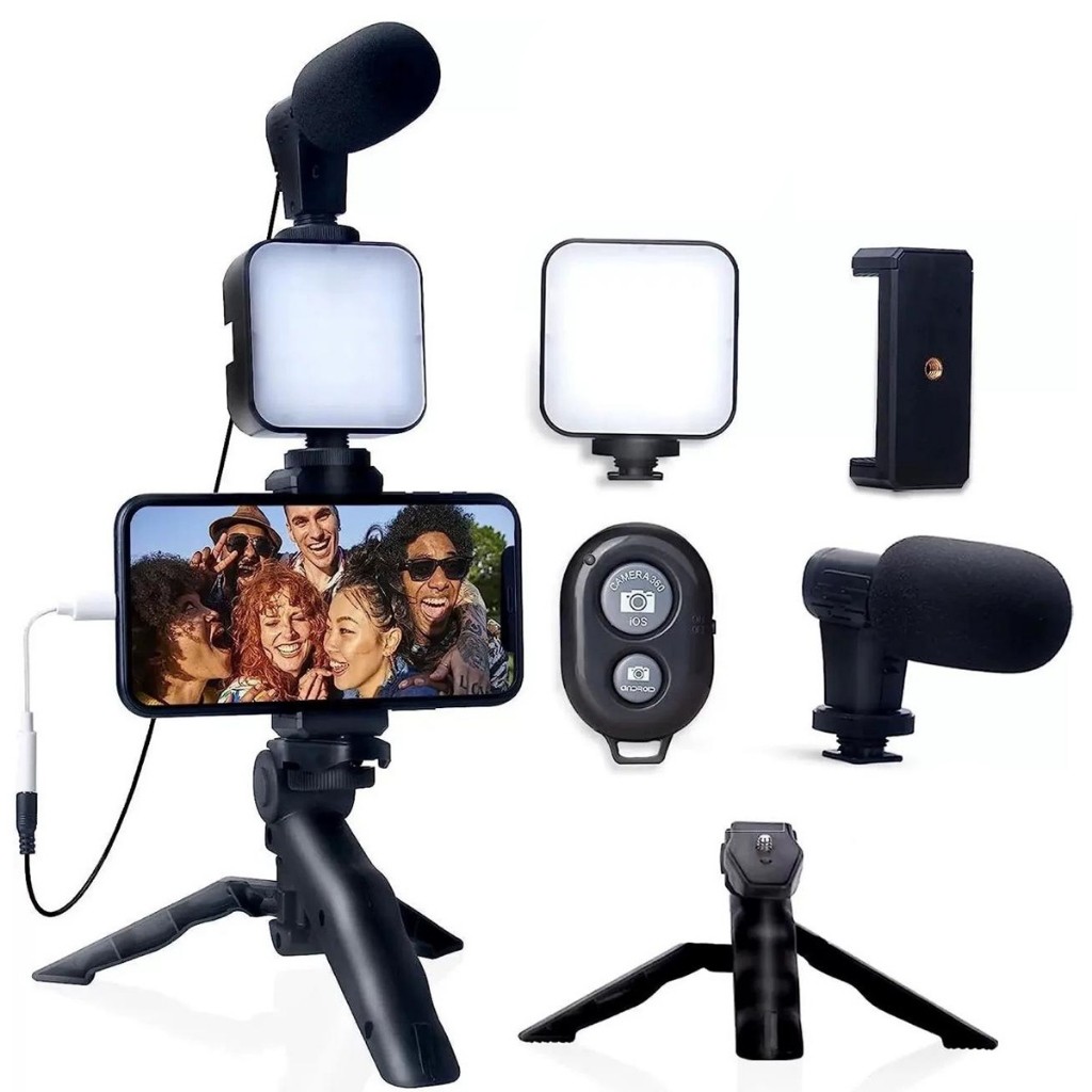 Kit Youtuber Tripé Vlog com Suporte para Celular, Luz LED e Microfone para Gravação de Vídeos em Oferta na Shopee