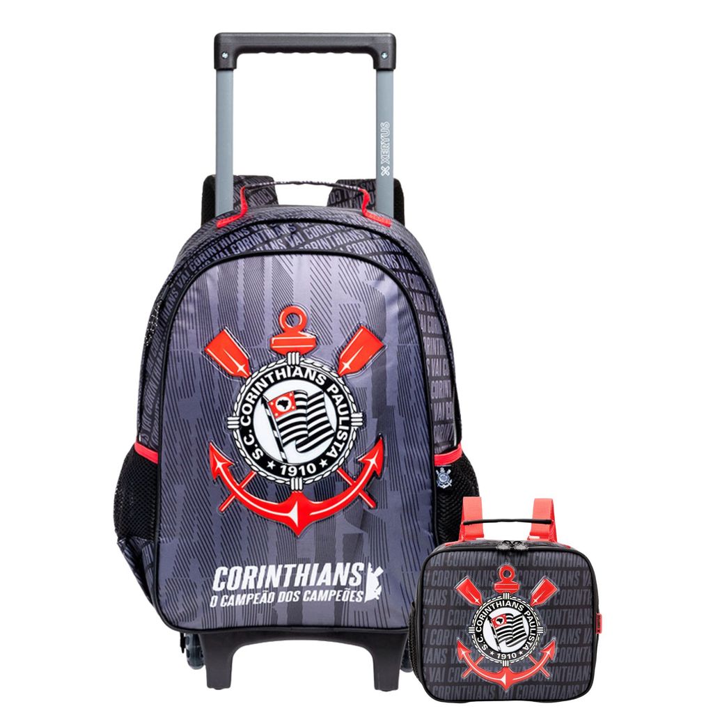 Kit Conjunto Escolar Infantil Menino Futebol Time Corinthians Timão Mochila Roda 2EM1 + Lancheira Térmica