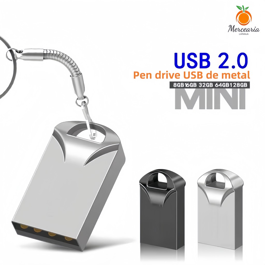 Mini Pen Drive USB 4GB/8GB/16GB/32GB/64GB Metálico USB 2.0 Transferência de Alta Velocidade, com Chaveiro