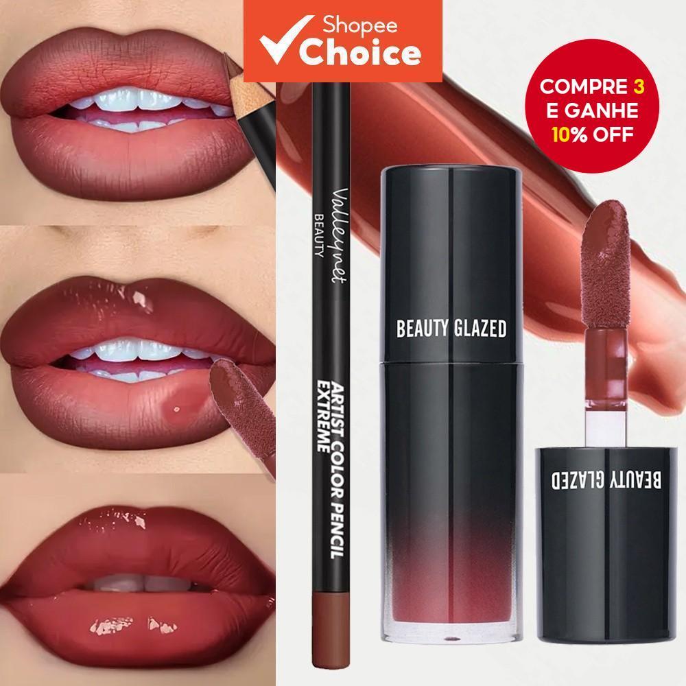 Conjunto De Lábios De Maquiagem Baratos De Veludo 2 Peças : Forro + Esmalte , Fosco À Prova D'água , Vermelho/Marrom , E