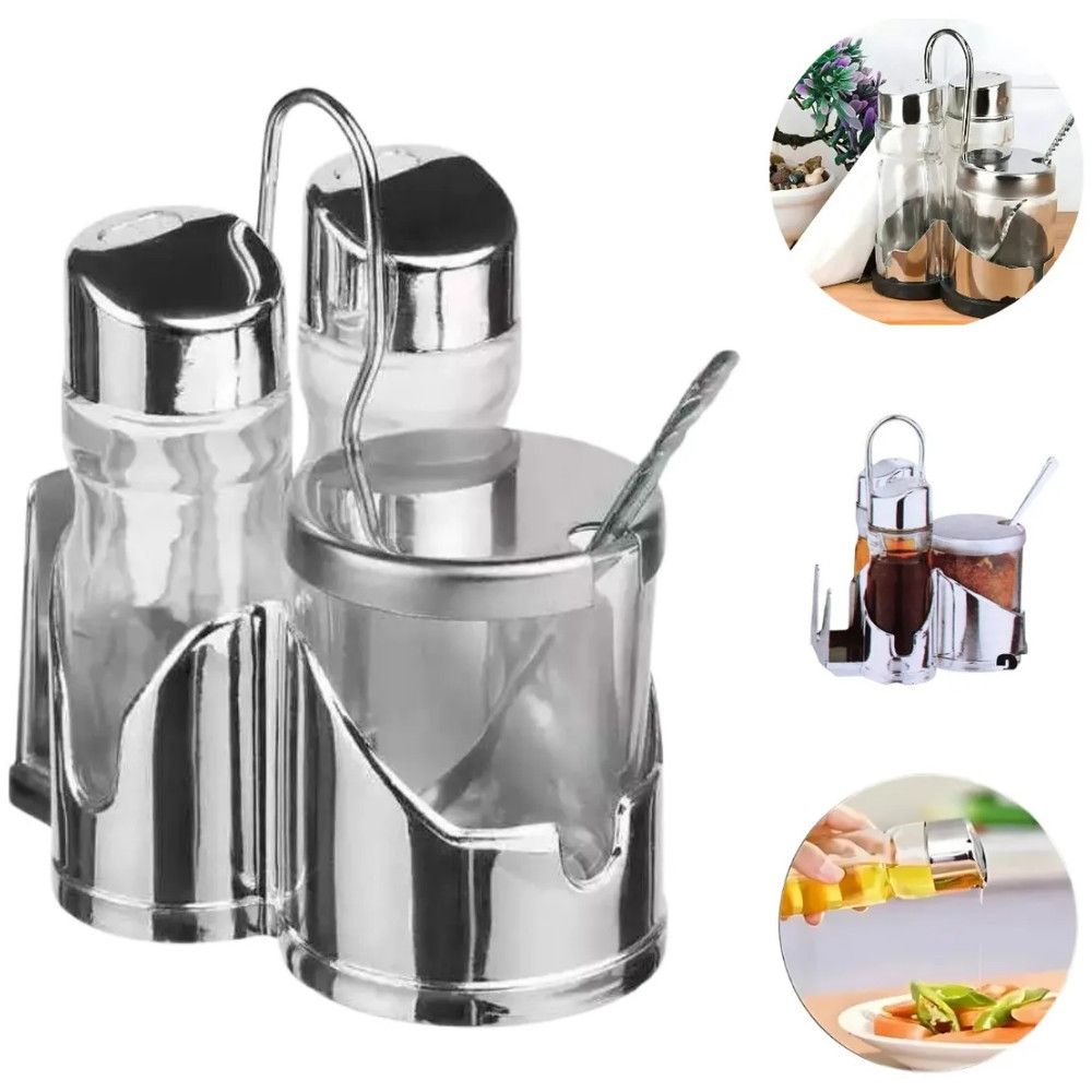Galheteiro de Vidro com Suporte e Tampas Cromadas Azeite Vinagre Sal Temperos em Oferta na Shopee
