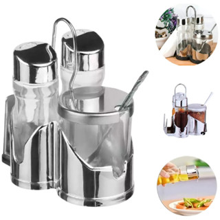 Galheteiro de Vidro com Suporte e Tampas Cromadas Azeite Vinagre Sal Temperos em Oferta na Shopee