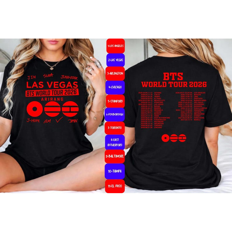 Camiseta Oversized Masculina Feminina BTS World Tour 2026 Las Vegas Dupla Face, Camiseta Kpop Streetwear com Datas