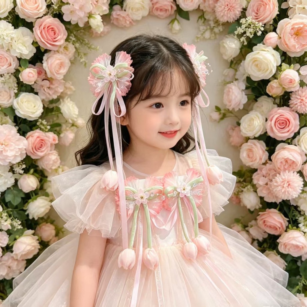 Crianças dos desenhos animados tulipa flor Streamer grampo de cabelo menina borla arco Hairpin requintado menina doce co