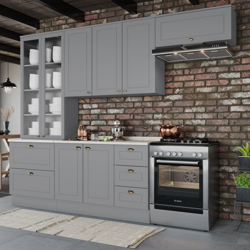 Cozinha Compacta Modulada 5 Peças Emily Cinza/Calcare Cinza/Calcare