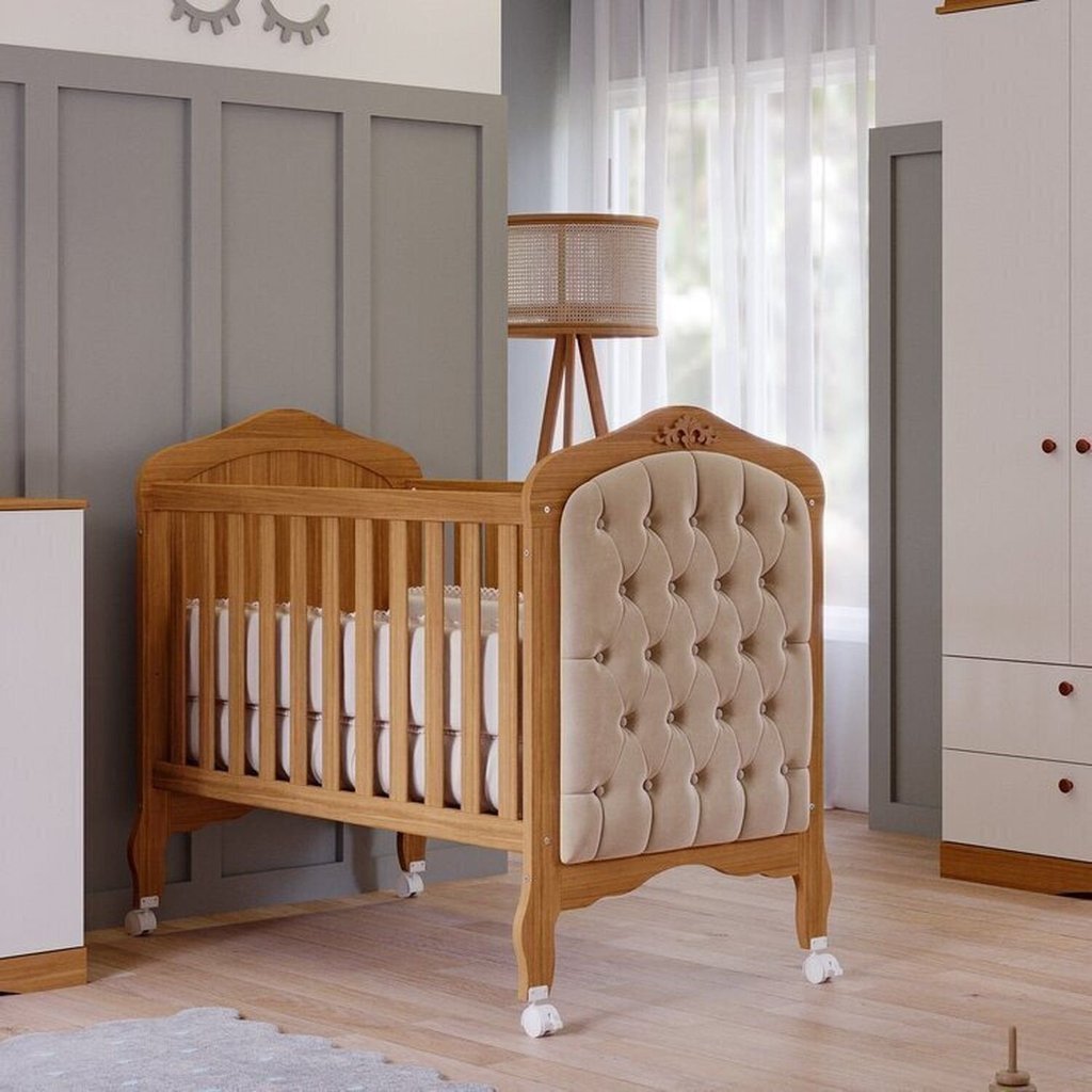 Quarto de Bebê 2 Peças com Berço e Capitonê Espresso Móveis Bege/Nature/Branco Nature/Branco