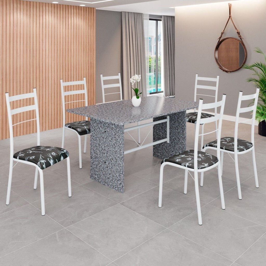 Conjunto Sala de Jantar Mesa Retangular 140x75cm Tampo Granito Ocre 6 Cadeiras Marselha Branco/Preto Floral Preto