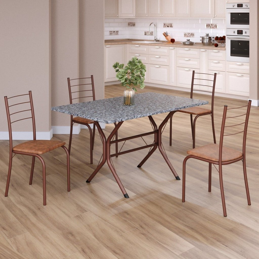 Conjunto Sala de Jantar Mesa Retangular 100x60cm Tampo Granito Ocre 4 Cadeiras Rio Marrom