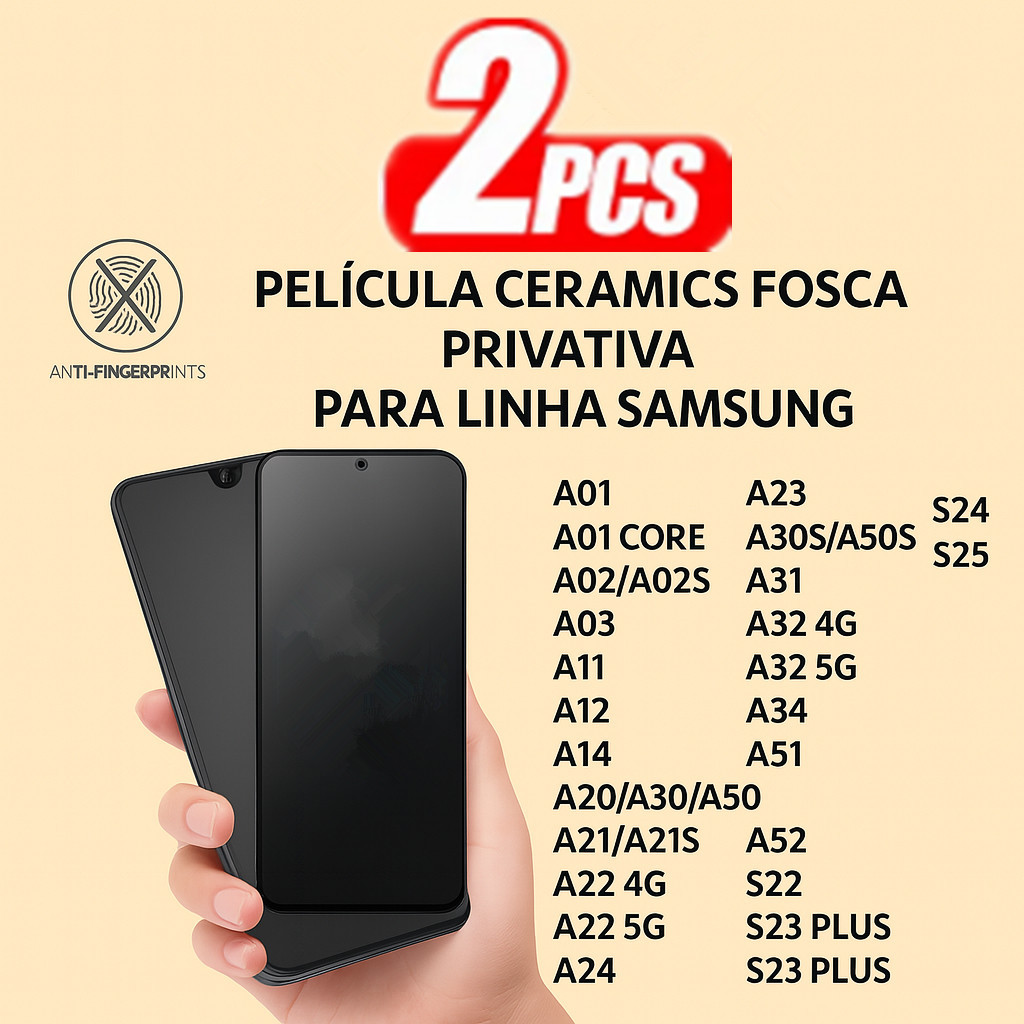 KIT 2 Película Cerâmica Fosca Privacidade Samsung A02 A03 A05 A14 A15 A25 A31 A34 A35 A51 A54 Anti-Espião