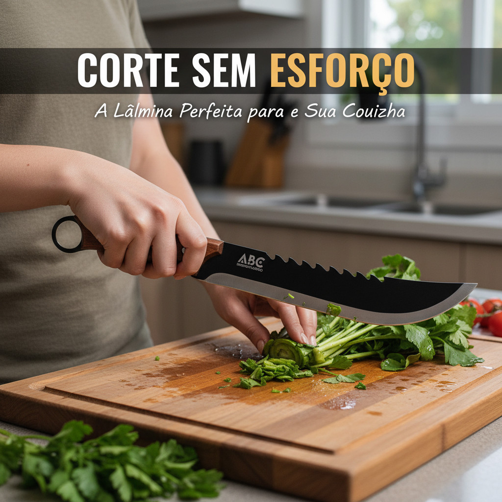 Facão Churrasco Aço Inox Cabo Madeira Fio Serreado Afiado Resistente Anti-aderente Uso Diário Carne