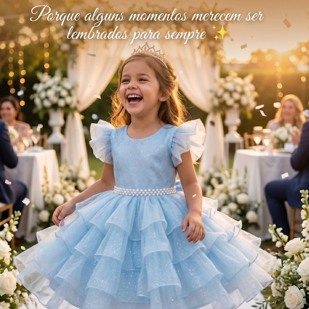Vestido azul de festa com babado brilho casamento vestido infantil de festa azul cinderela Y4090