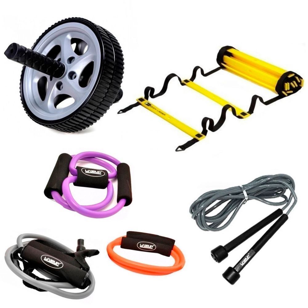 Ki Escada de Chão Circuito + Conjunto Extensor 3 Tensões + Corda Pular Cinza + Rodinha para Abdominal