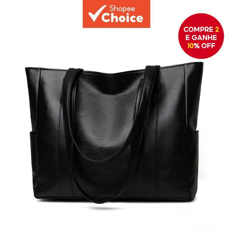 Moda E Casual Cor Sólida Couro PU Grande Capacidade Reutilizável Com Zíper Bolsa De Ombro Masculina Para Compras , Viage em Oferta na Shopee