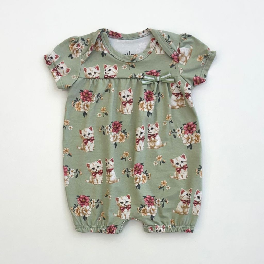 Macaquinho Milon Infantil Bebes Menina Verde Gatinhas Verão Moda Kids 2001194