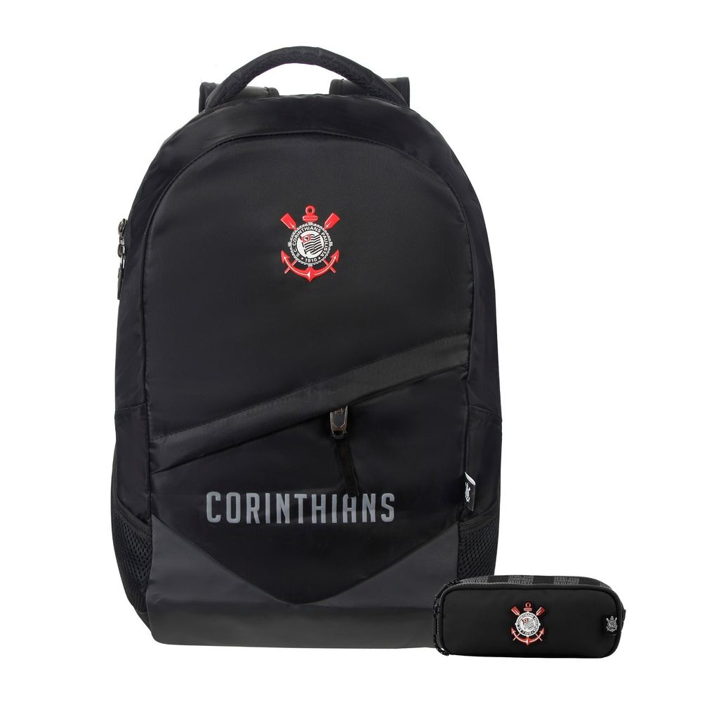 Kit Conjunto Escolar Juvenil Menino Futebol Time Corinthians Timão Mochila de Costas + Estojo Duplo