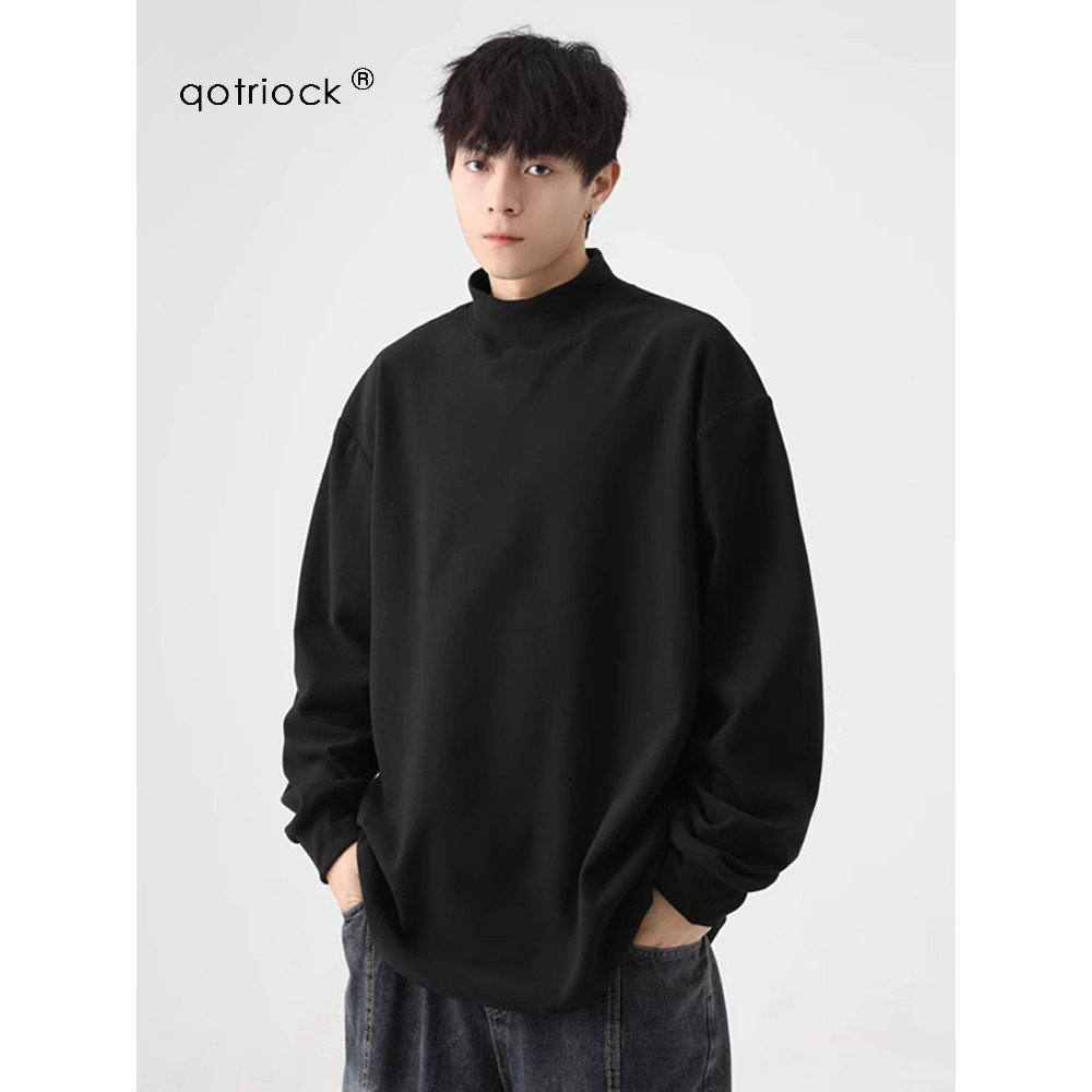 QOTRIOCK preto meia gola alta manga comprida camiseta masculina outono inverno na moda dupla face velo Bottoming
