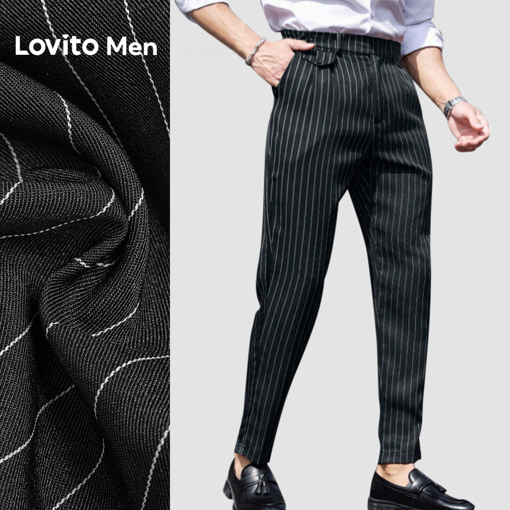 Lovito Calça de Terno Casual com Pregas Geométricas Preta para Homens primavera/verão L169ED030 em Oferta na Shopee