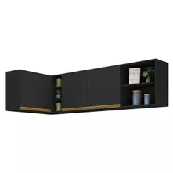 Kit Armário De Cozinha Aéreo Canto 90cm E Aéreo 150cm Veneza Multimóveis Mp2149 Preto-dourado