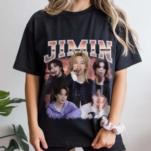 Camiseta Oversized Masculina Feminina Jimin BTS Estilo Bootleg, Camiseta Kpop Streetwear Vintage com Montagem de Fotos