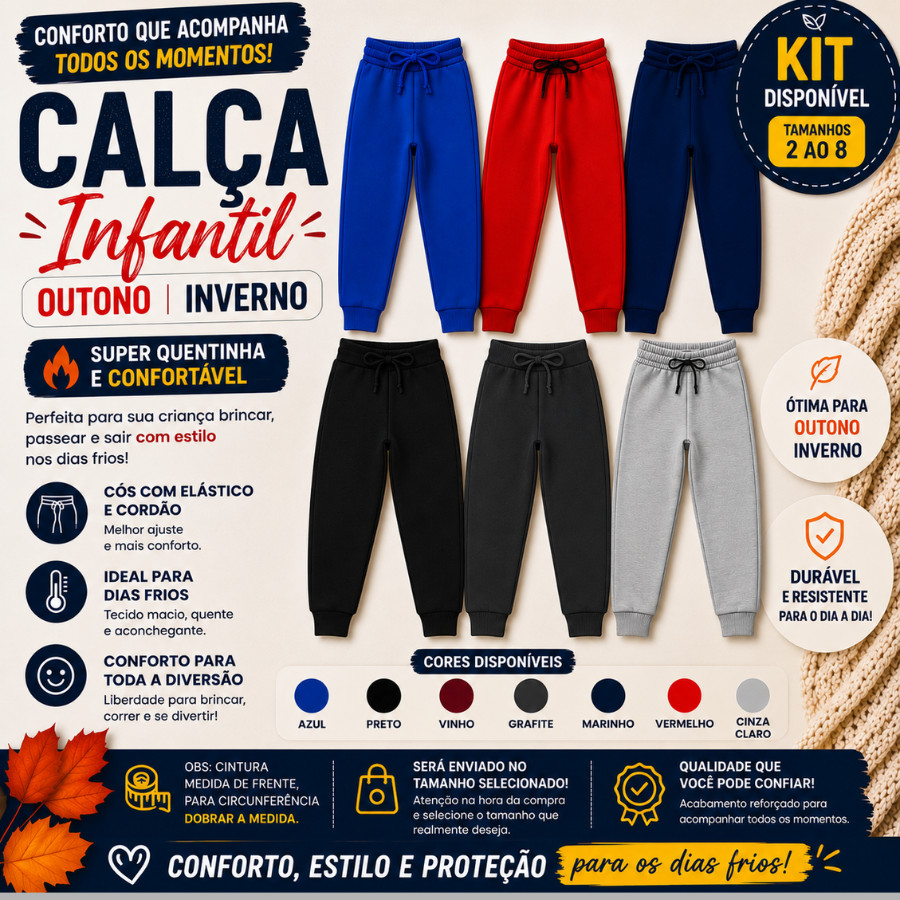 Kit Calças Moletom Grosso Infantil Menino Flanelada Toque Macio Com Punho