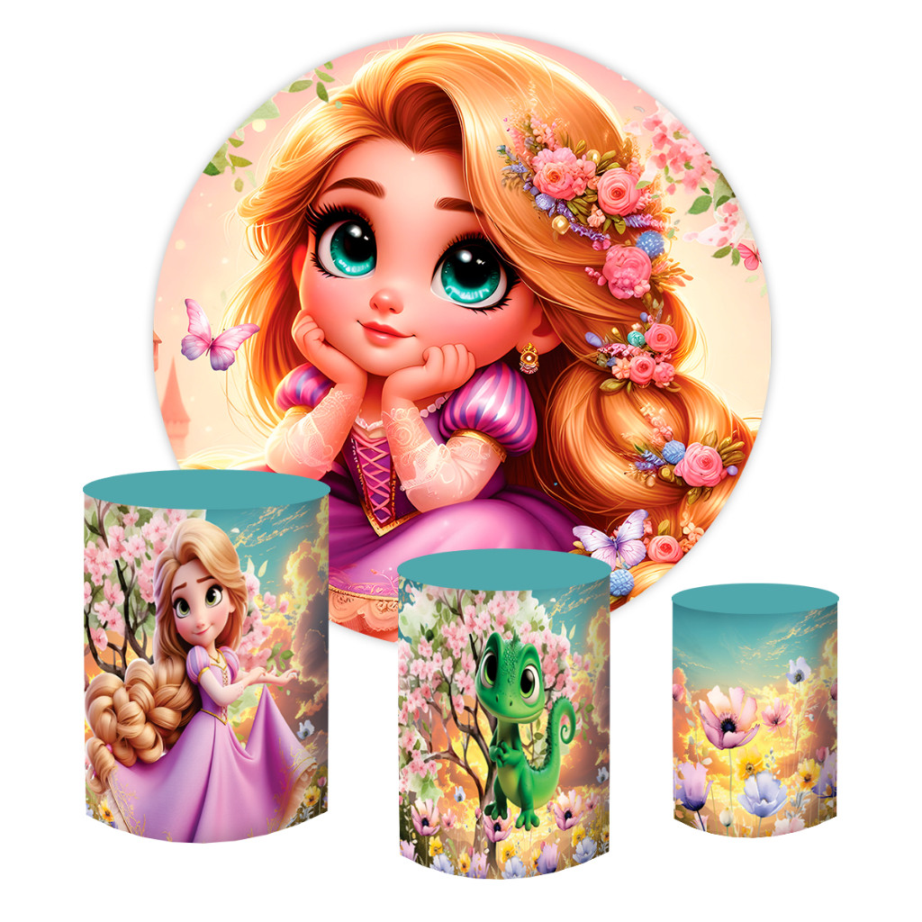 Kit Painel Redondo 1,50 + Capas Cilindro Tecido Sublimado Enrolados Rapunzel | Entrega Rapida