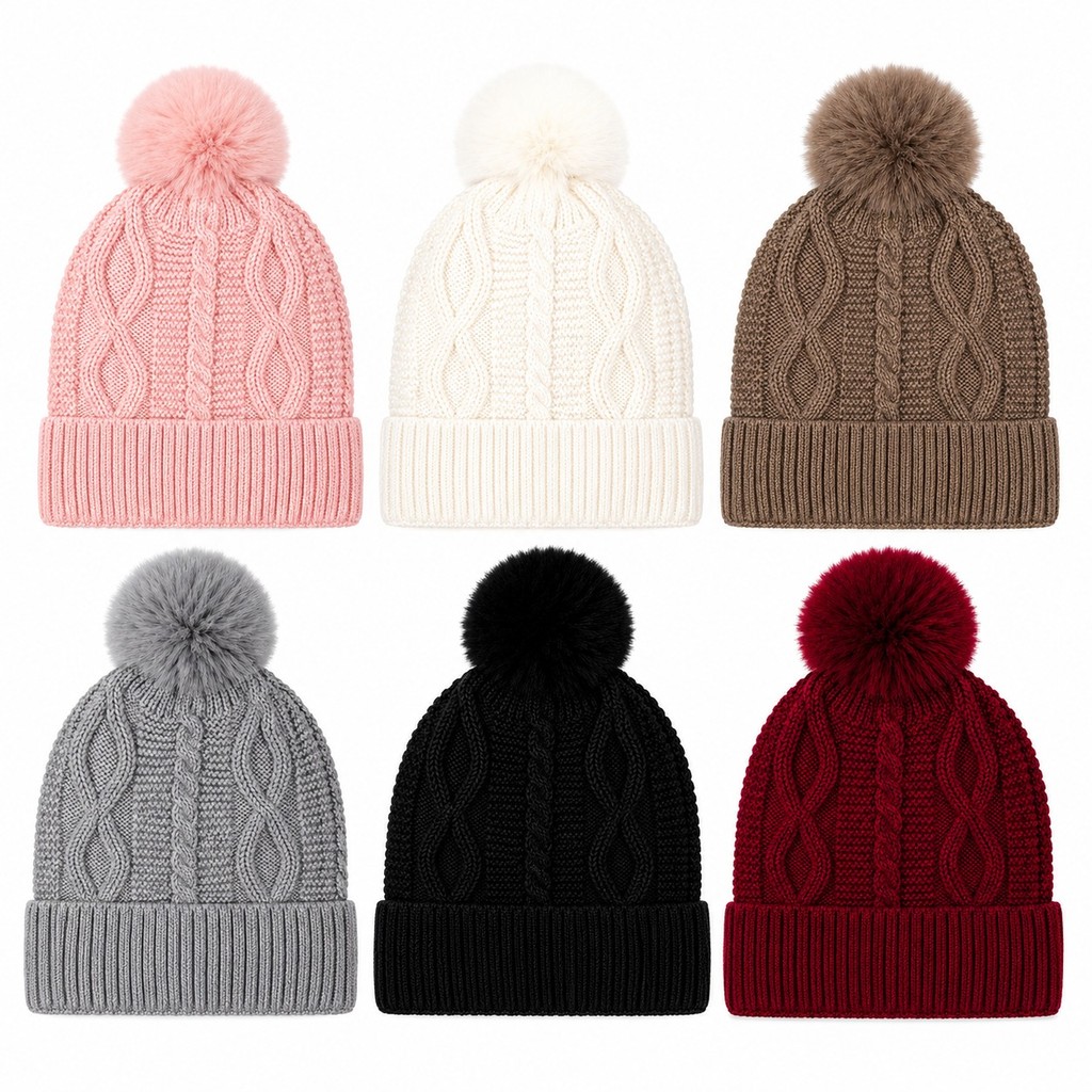 Touca Feminina Forrada Peluciada com Pompom Gorro de Tricô Quentinho Touca de Frio Feminina Elegante