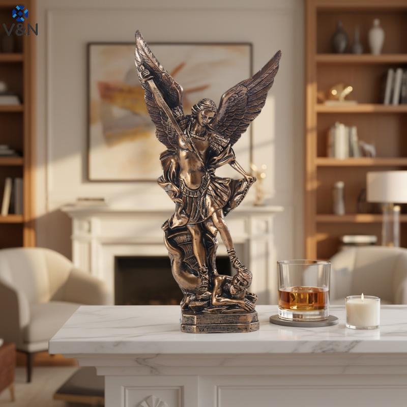 (V & N) Estátua De Resina De Anjo De São Miguel Retro Bronze Decoração De Casa Estatueta De Arcanjo Da Guarda Para Enfei